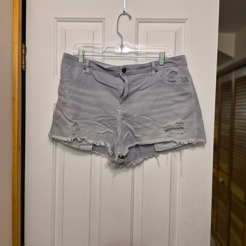 Aerie Womens Grey Distressed Denim Shorts Raw Hem Elastic Back XL TG